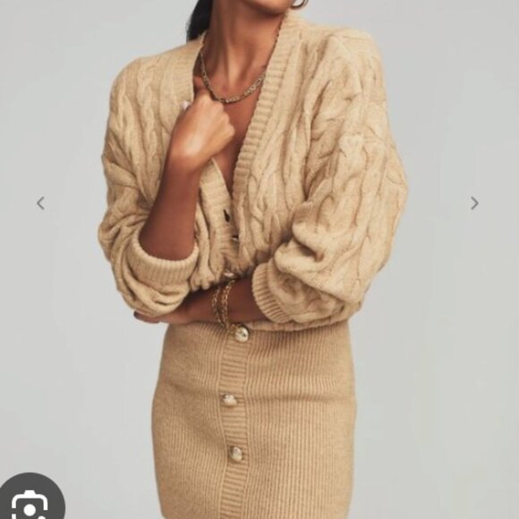 Retrofete Size Small Long Sleeve Tan Knit Sweater Dress with Gold Buttons - Picture 2 of 4